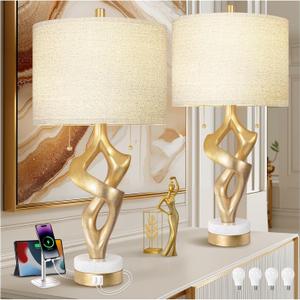 Scenekoy Sculptural Table Lamp Set of 2 with USB Ports for Bedroom Living Room, 26 Gold Leaf Marble Base Bedside Lamps, Pull Chains Switch Modern Nightstand Lamp for Home Room Decor (Bulbs Included)