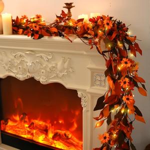 6 ft Fall Garland with Lights 72 Inch Artificial Bittersweet Garland for Mantel Thanksgiving Decorations Lighted Autumn Decoration with Daisy Pumpkin Artificial Mum for Home Fireplace Door