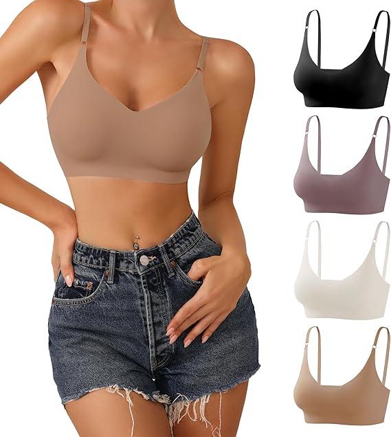 DEANGELMON V Neck Bra Padded Seamless Adjustable Straps Bralettes Everyday Basic Sleeping Bras Multiple Pack, Size M