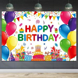 Happy Birthday Backdrop Banner Colorful Party Decorations for Kids Boys Girls Balloon Wall Posters and Signs Cake Tablecloth Decor Supplies 7x5ft
