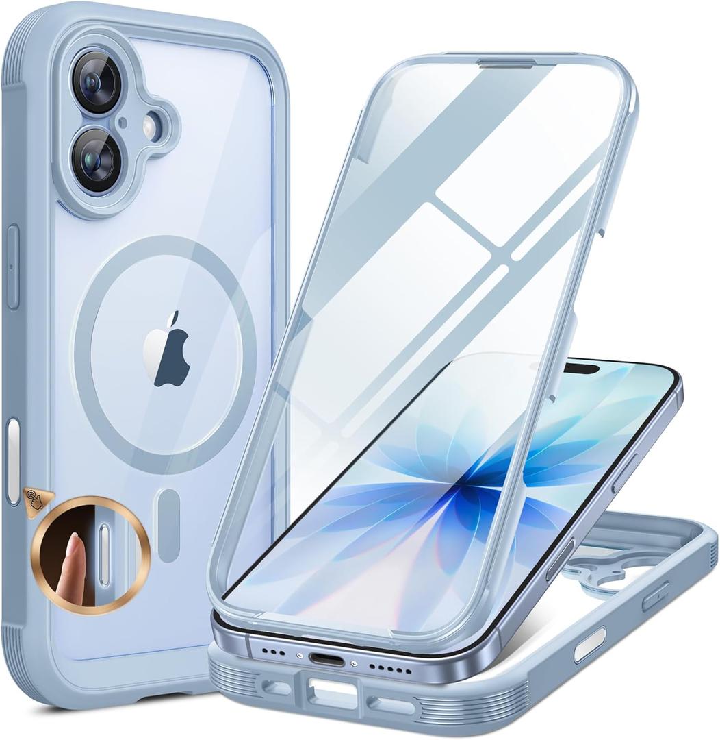 Miracase for iPhone 17 Case 6.3'', Full-Body Military Grade Drop Protection Outdoor Phone case with Built-in Glass Screen &Camera Control,Easy Installation,No Gap,Compatible with MagSafe,Light Blue