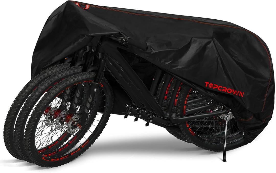 Topcrown Bike Cover Waterproof Outdoor Storage for 3 Bikes, Bicycle Cover Rain Sun UV Dust Wind Proof with Storage Bag for Mountain Road Bike/Ebike (420D Black+Red, XXXL Size for 3 bikes)