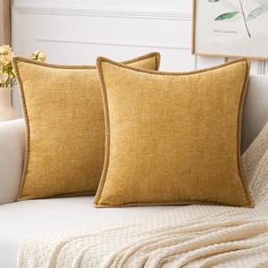 MIULEE Pack of 2 Couch Throw Pillow Covers 16x16 Inch Gold Farmhouse Decorative Pillow Covers with Stitched Edge Soft Chenille Solid Dyed Fall Pillow Covers for Sofa Bed Living Room