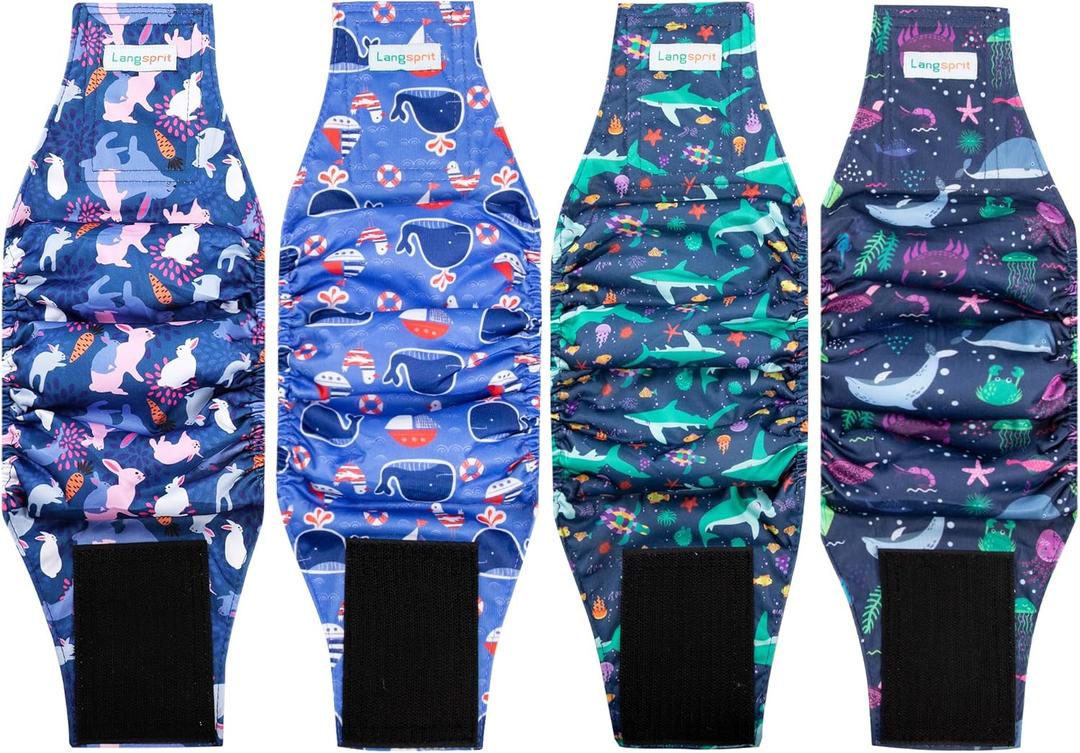 Male Dogs Diapers Belly Bands(4Pack), Washable Reusable Male Boy Doggy Wraps Panties for Doggie Puppy Pooping Potty Training Incontinence Marking Paal para Perro Small (Small (11"-14"), SharkTortoiseRabbitWhale)