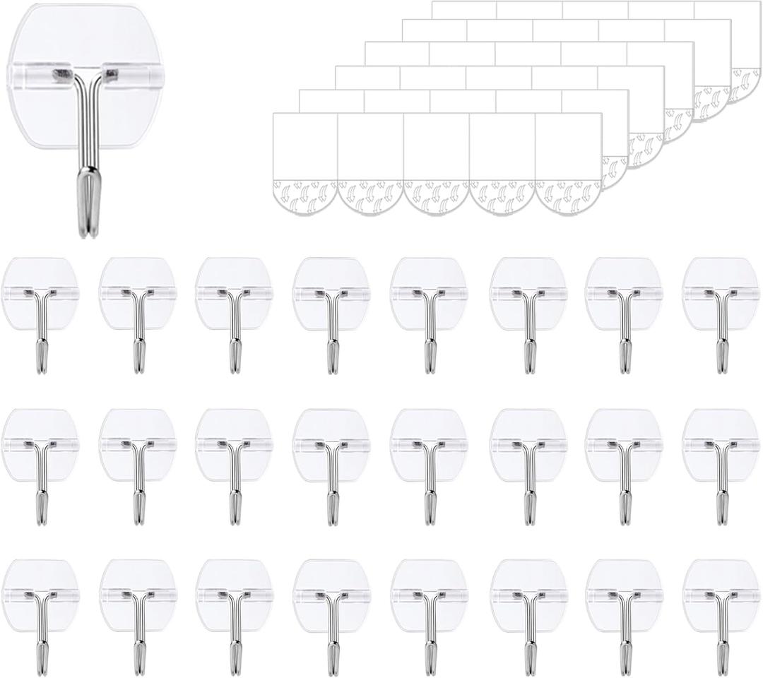 25 Small Wall Hooks for Hanging, with 30 Removable Strips, Clear Hanger Hooks, Damage-Free Utility Hooks with Adhesive Strips, Wire Toggle Wall Hook for Key, Hat, Decor, Door, Clear, Value Pack