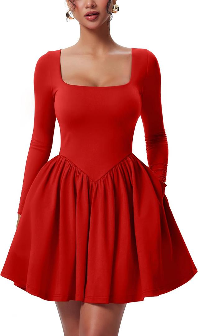 YMDUCH Women's Casual Long Sleeve Square Neck Back Belt A Line Ruffle Hem Mini Dress with Pockets (Red, M)