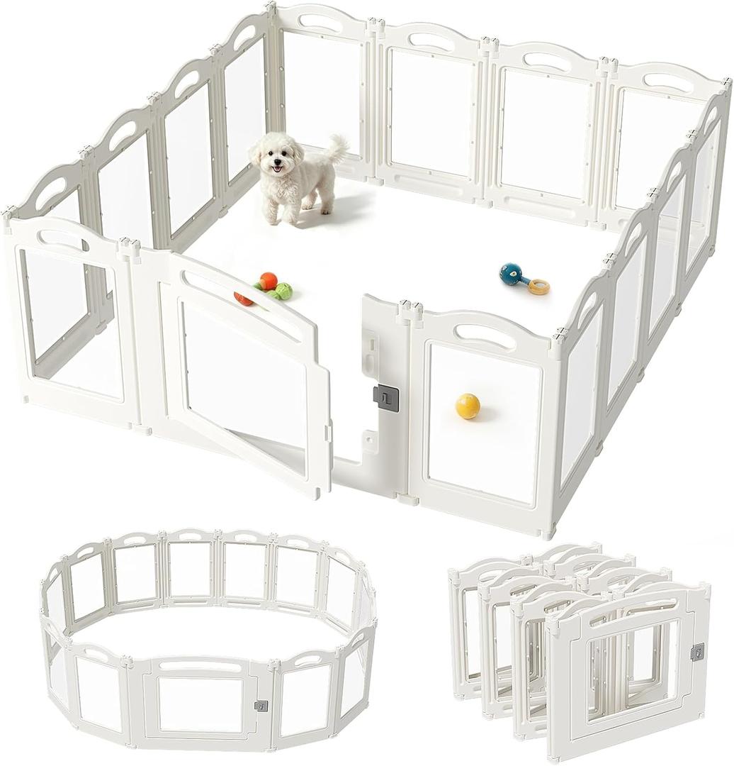Foldable Clear Acrylic Dog Playpen with Door, 23.6" Acrylic Puppy Playpen, Easy Assemble Indoor Pet Fence with White Frame, Clear Dog Playpen for Puppies & Animal (White, 23.6H, 12 Panels + 1 Door)