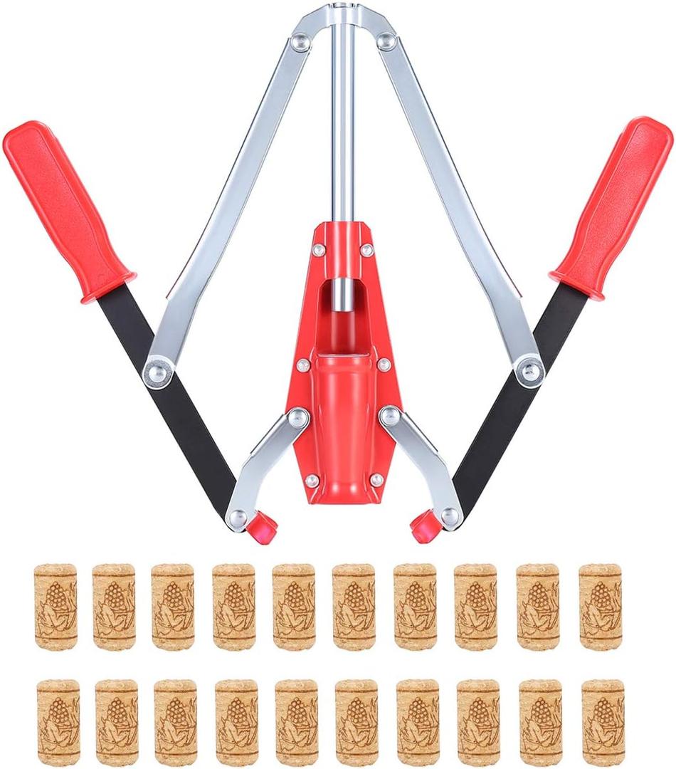 Wine Bottle Double Lever Hand Corker, For Standard Wine, Belgian Beer, and Synthetic Plastic Corks, with 20 Count Wine Corks