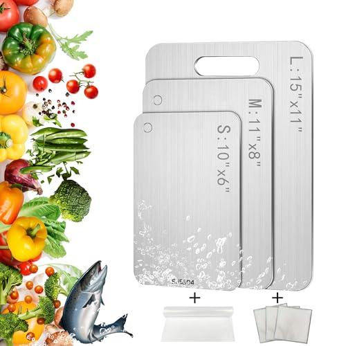 SUNWISHA 3pcs Titanium Stainless Steel Double-Sided Cutting Boards, Food Grade Non-Toxic with Anti-Slip Pads for Kitchen Cooking
