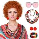 Red Orange Wig + Pink Sunglasses + Rainbow Necklace + Earrings + Bracelets + Wig Cap for Women Costume Short Curly Reddish Wigs for Cosplay Halloween Party or Fun6pcs Set