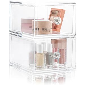 2 x Oizeir Clear Drawer Organizers - Acrylic, Durable, Stackable, Pull-Out Drawer - Great for Medicine, Cosmetics, Makeup and Bathroom Organization (4.5" High | 2-PACK)