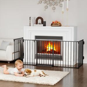 127.5" Extra Wide Baby Gate for Fireplace Christmas Tree, Configurable 5 Metal Panels Baby Fence, Child Gate for Wide Openings with Anti-Trip Pedal, Long Kid Gate for Dog Pet, 28'' Tall Black