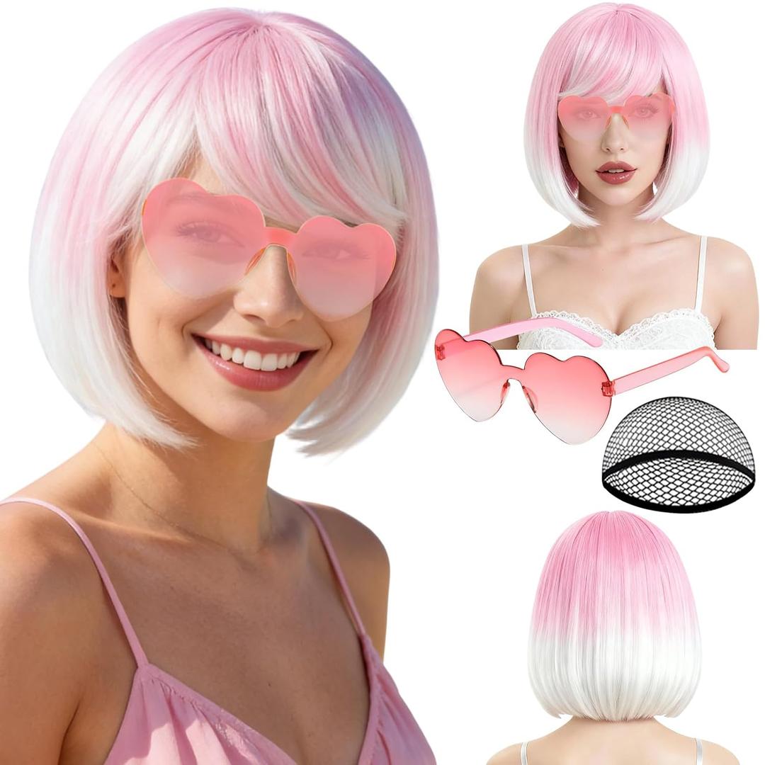 PLULON Pink White Ombre Bob Wig with Bangs for Women Men, Colorful Short Funny Bob Wigs with Heart Sunglasses and Hair Cap Colored Cosplay Hairpieces for Halloween Costume Neon Bachelorette Party
