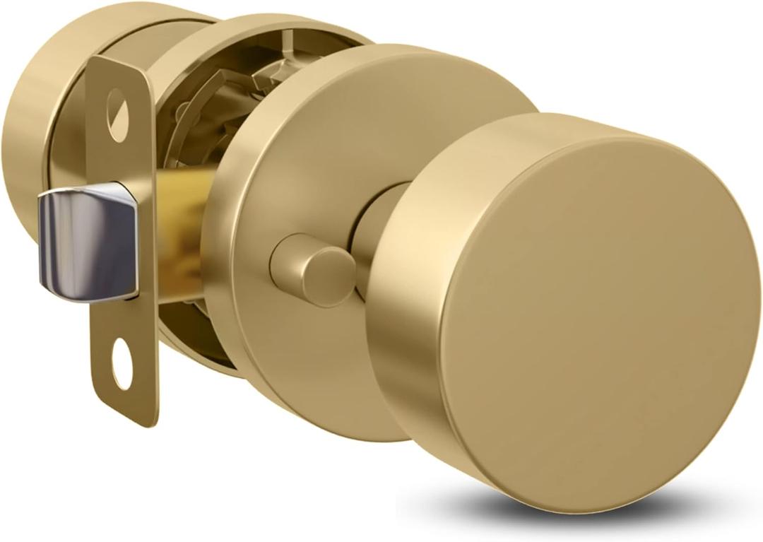 Mega Handles Buena Gold Privacy Door Knob - 1 Pack Reversible Interior Gold Door Knob, Heavy Duty Bed and Bath Door Knobs with Privacy Lock, Fits All Standard Door Sizes - Satin Brass