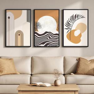 Framed Boho Mid Century Modern Wall Art for Living Room, 3 Piece Large Abstract Canvas Prints Paintings, Orange Earth Tones Moon Botanical Artwork Decor for Bedroom Hallway 16x24 Inch, 24" H x 16" W x 3Pcs