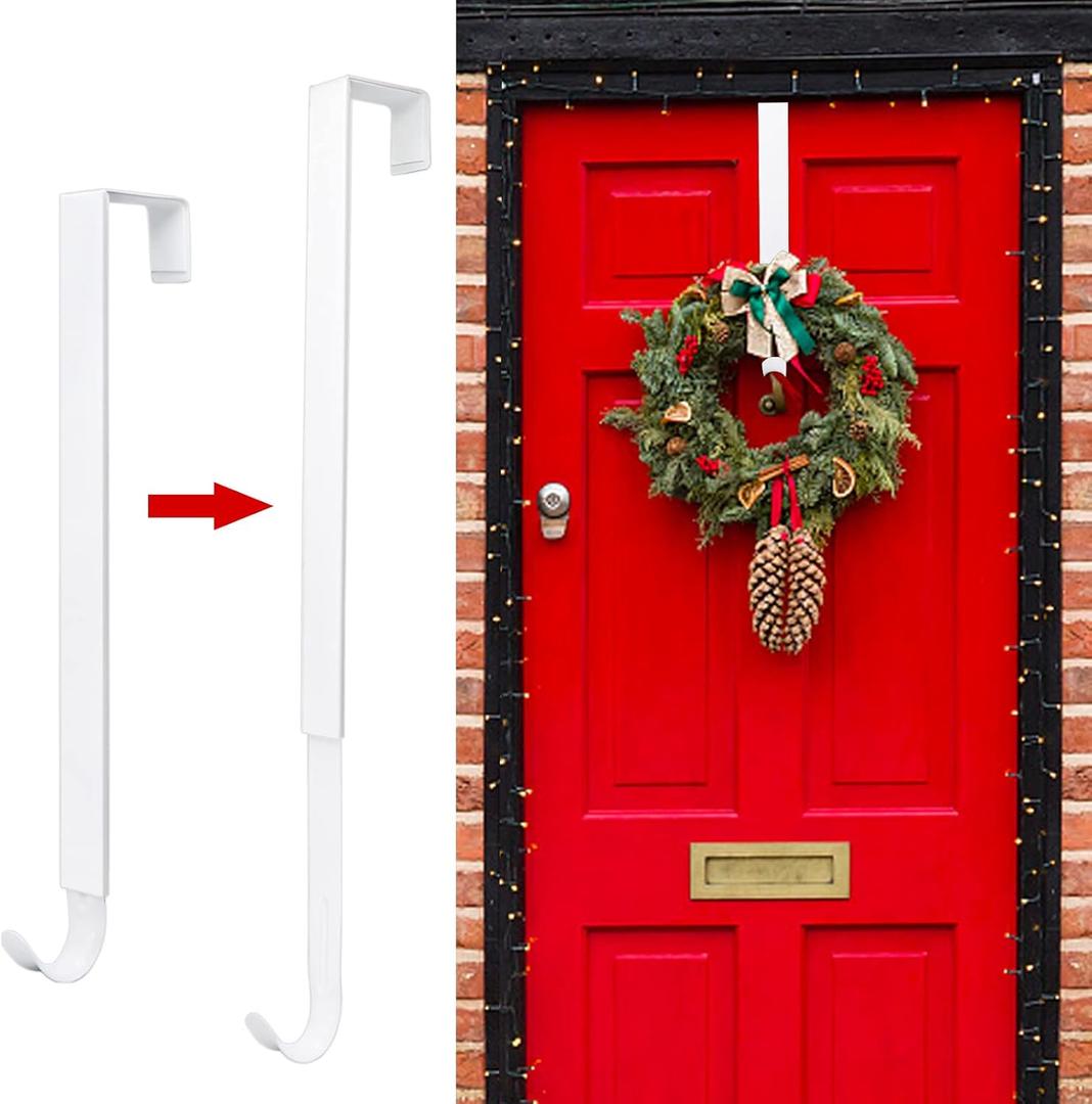 ZMCINER Wreath Hanger for Front Door, Adjustable 15-25 Inch, White Metal, Holds 20 lbs, Christmas & Fall Wreaths, Decorations Hook