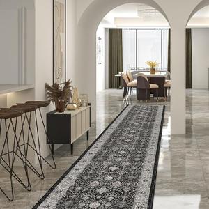 Hallway Washable Runner Rug - 2'6x14 Kitchen Rugs Entryway Rug Runner Vintage Soft Floor Mat Non Slip Indoor Farmhouse Carpet for Bathroom Living Room Bedroom (2'6''x14', Black)