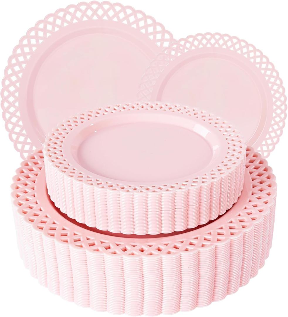 COLOSUS 60Pcs Pink Plastic Plates, Plastic Disposable Plates, Fancy Pink Scallop plates, Heavy Duty Lace Plate Set include 30 Dinner Plate 10 and 30 Salad/Dessert Plate 7.5for Easter Day