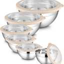 LIANYU 6 PCS Large Mixing Bowls with Visible Lids Set, Size 7, 3.5, 2.5, 2, 1.5, 1QT, Stainless Steel Kitchen Metal Nesting Bowls for Cooking, Baking, Serving, Freezer & Dishwasher Safe, Khaki