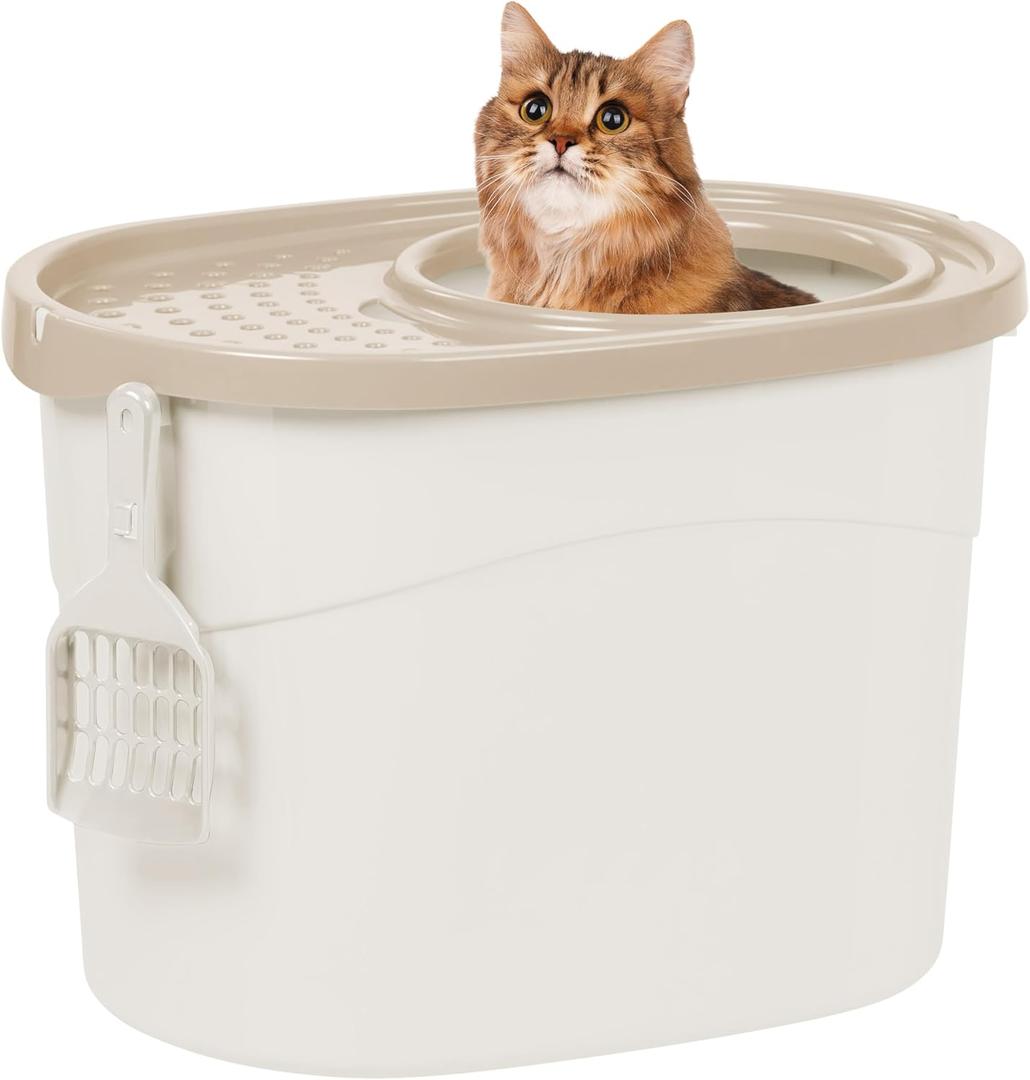 IRIS USA Cat Litter Box, Large Top Entry with Litter Catching Lid and Scoop, Dog Proof, Enclosed Cat Litter Box, White/Beige