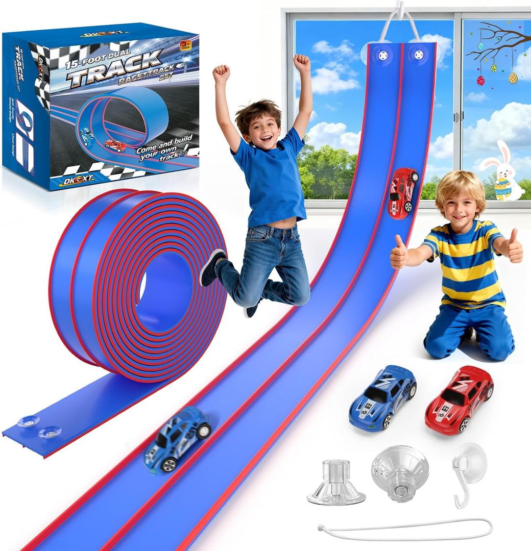 15 Ft Flexible Race Track for Kids, DIY Car Track Set with 2 Toy Cars & 3 Suction Cup Ramps, Easter Basket Stuffers for Teens & Boys Girls, Creative Easter Gifts for Kids, Blue