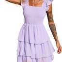 Byinns Womens Square Neck Sleeveless Ruffle Dress High Waist Backless Tiered Smocked Strappy Casual Short Mini Dresses, Medium, Purple 