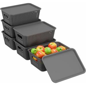 Resze 6-Pack Plastic Storage Bins with Lids, Stackable Organizer Baskets & Containers for Pantry, Kitchen, Cabinet, Closet, Bathroom Organization Toys, Space Saving, Easy-Carry Handles,Gray