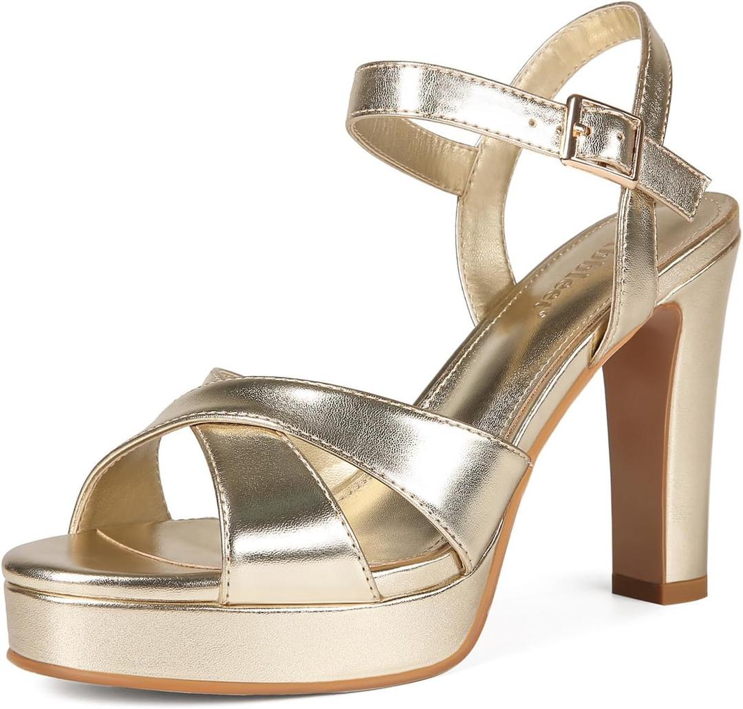 Platform High Heels for Women Strappy Chunky Heels Sandals for Women Open Toe Block Heeled Sandals with Ankle Strap Summer Dress Shoes (Gold), 7