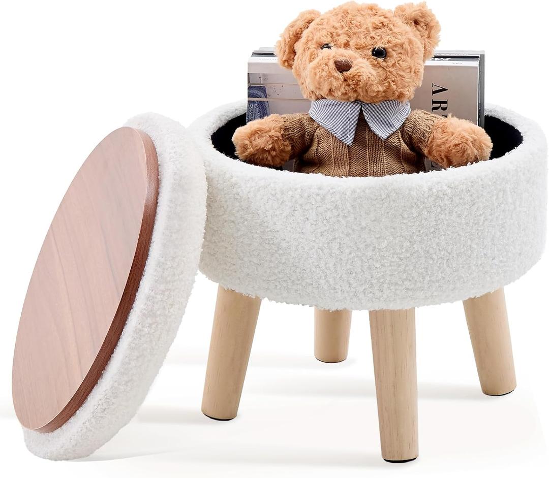 Mxfurhawa Versatile Storage Ottoman, Round Footstool with Soft Padded Seat, Small End Table with 4 Wood Legs, Teddy Velvet Foot Rest for Couch, Shoe Changing Stool for Living Room (Cream)