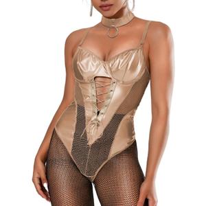 Kaei&Shi Rave Outfits Bodysuit Tops, Fishnet Corset Body Suit, Sexy Lingerie For Women, Faux Leather Festival Goth (0-2, Champagne) X-Small