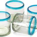 Hand-Blown Cocktail Glasses From Mexico Set of 4 Lowball Rocks Glasses | Authentic Handcrafted 12 oz Old Fashioned Cocktail Glasses | Mexican Kitchen & Barware Gift Set | Blue Rim