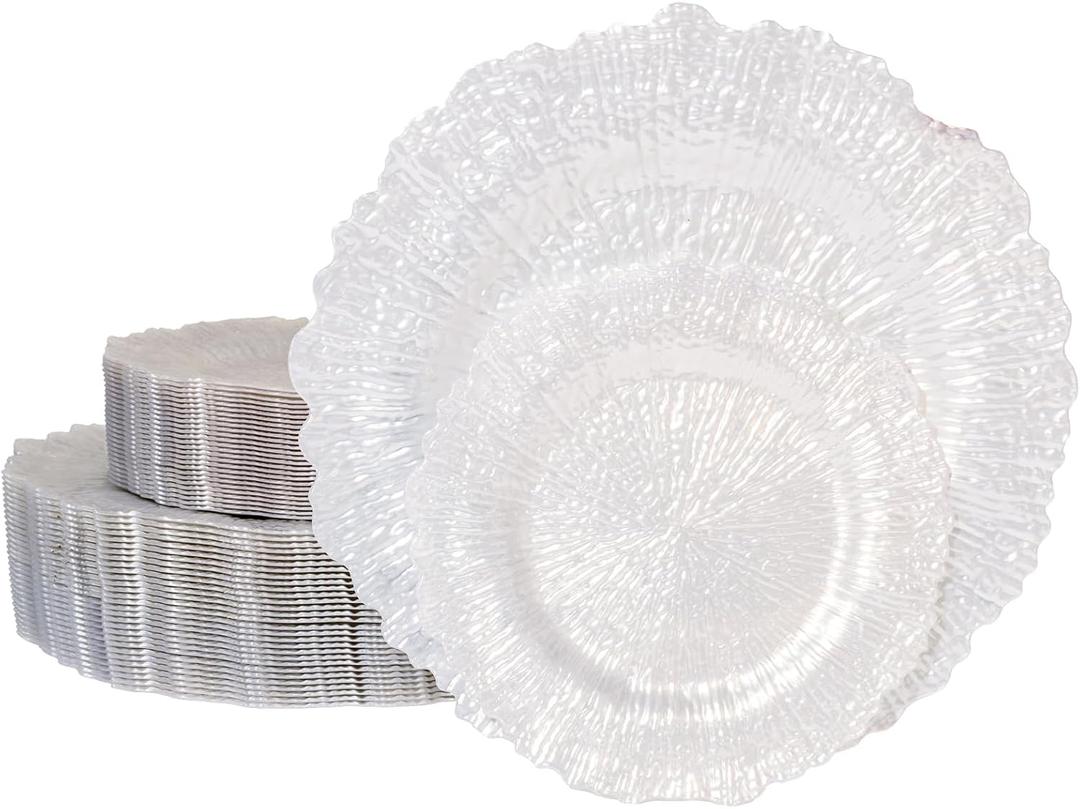 U-QE 60PCS White Plastic Plates - Pearl White Plates Disposable&Reusable - Heavy Duty Plastic Plates for Party&Wedding Including 30 Dinner Plates 10" & 30 Appetizer Plates 7"