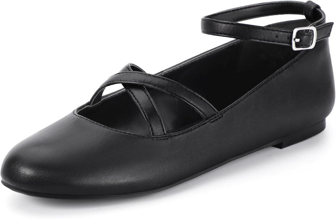 Mofri ShowHow Womens Mary Jane Flats Round Toe Mary Jane Shoes Ankle Strap Ballet Flats Shoes Wedding Casual Office Dress Shoes (6, Black Pu)