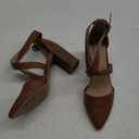 SM New York Brown Faux Leather Block Stacked Heel Ankle Strap Shoes Woven Buckle
 9.5