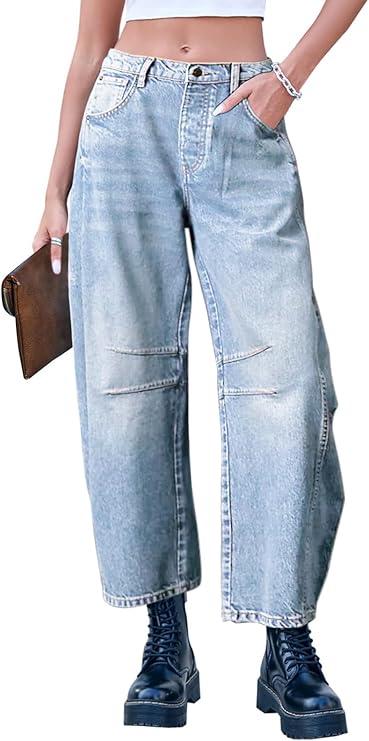 Sexyasasii Wide Leg Jeans Woman Wide Leg Mid-Rise Denim Y2k Ankle Pants Barrel Boyfriend Jeans for Women with Pockets, M