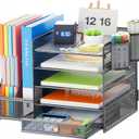 Marbrasse Desk Organizer with File Holder, 5-Tier Paper Letter Tray Organizer with Drawer and 2 Pen Holder, Mesh Desktop Organizer and Storage with Magazine Holder for Office Supplies (Grey)