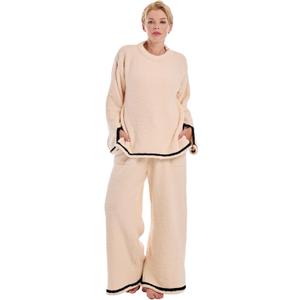 Womens Fleece 2 Piece Pajamas Fuzzy Long Sleeve Crewneck Wide Leg Winter Sherpa Lounge Sets For Women (XL)