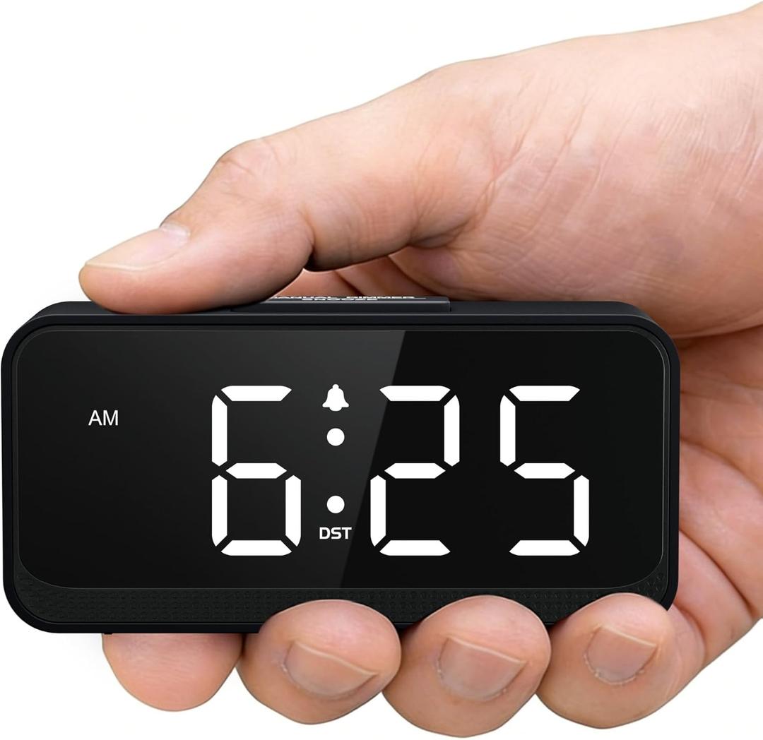 Battery Operated Small Alarm Clock: Digital Compact Large Display Cordless Clock for Bedroom Travel - Simple to Use for Seniors Teens White Digits