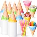Honeydak 200 Pcs 6 oz Snow Cone Cups with Spoon Straws Disposable Paper Shaved Cups for Ice Cream Birthday Party Supplies, about 4.72 x 3.4 inches