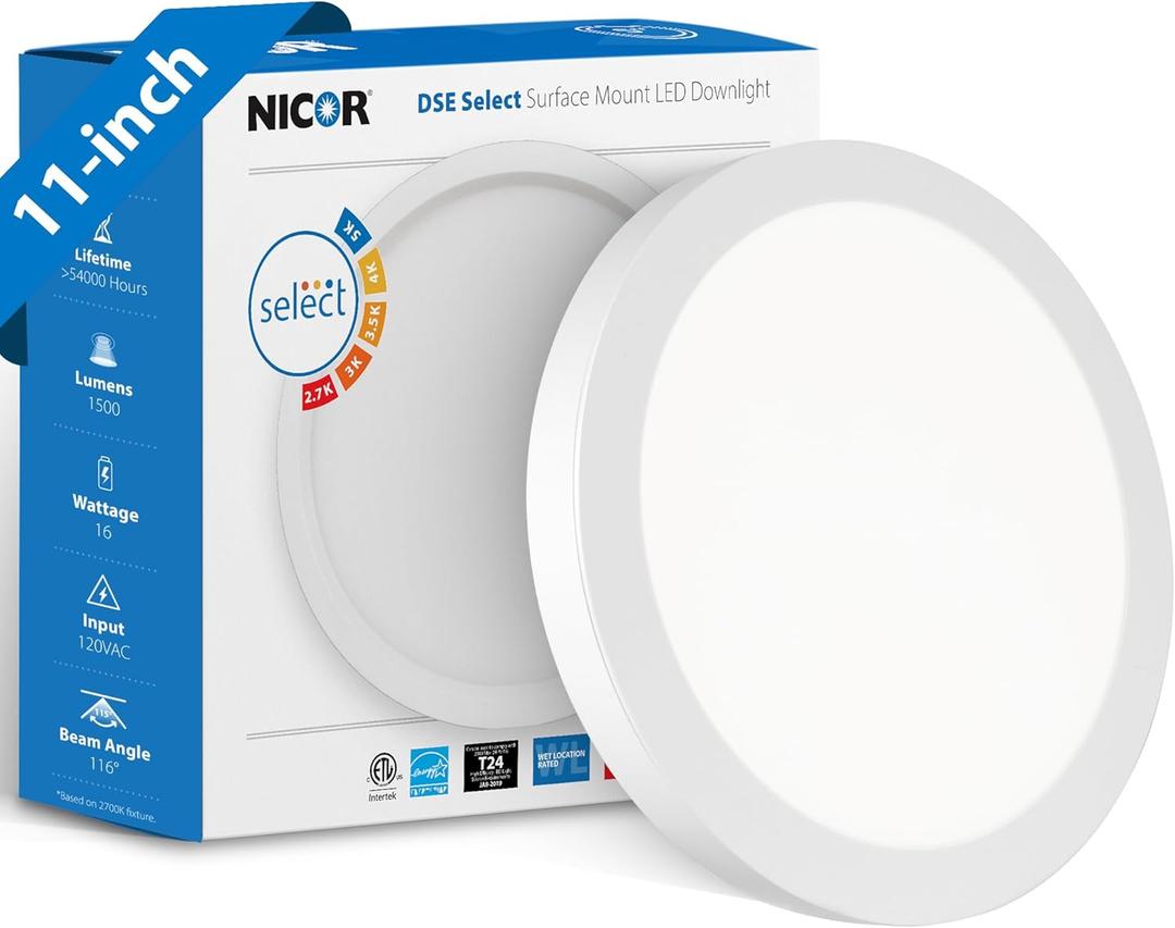 11 Round LED Surface Mount Ceiling Light - Dimmable Ceiling Light for Kitchen - Selectable CCT 2700K-5000K, 1523-1588 Lumens, 15.9W - DSE Edge-Lit Downlights for Ceiling, White by NICOR Lighting
