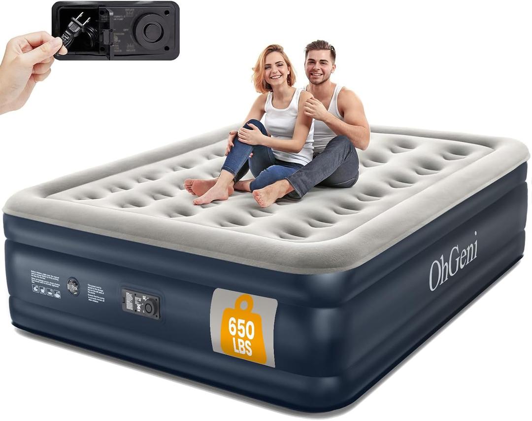 OhGeni Air Mattress Queen with Built in Pump, Blow Up Colchones Inflables Mattress for Guests, Portable Air Mattresses with Carrying Bag, 18" Raised Elevated Air Bed for Camping, Dark Blue