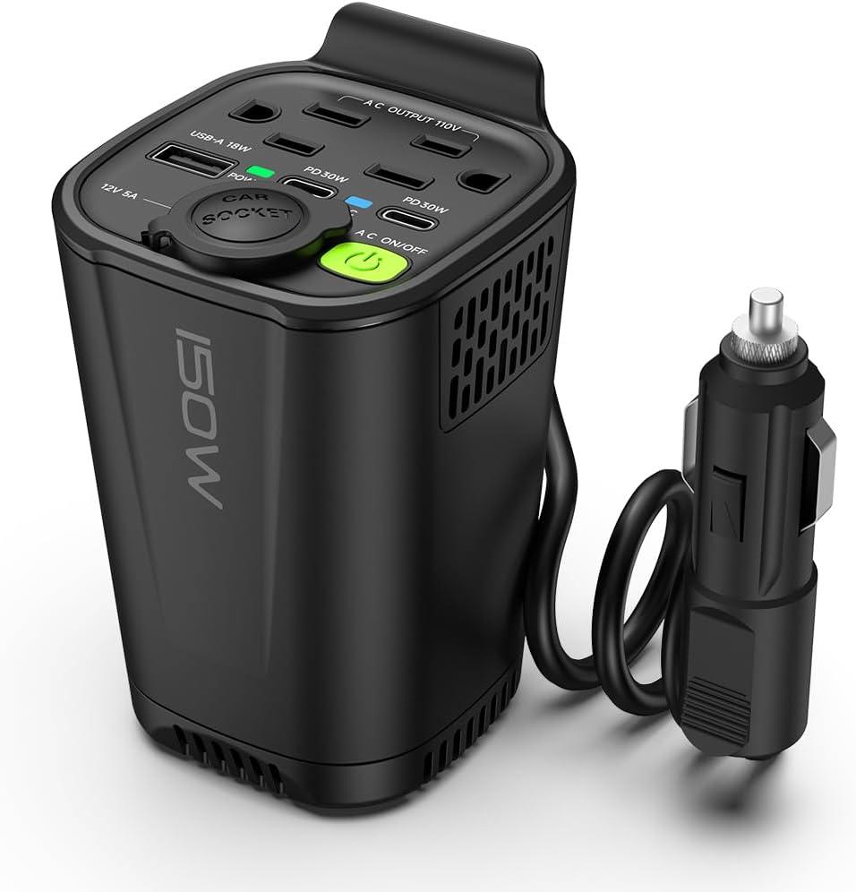 150W True Power Car Inverter Cup Holder, 6-in-1 DC 12V to 110V Converter with Dual AC Outlets, USB-C Fast Charging, Cigarette Lighter Socket & Car Charger - for Laptop, Phone, Tablet & Road Trips