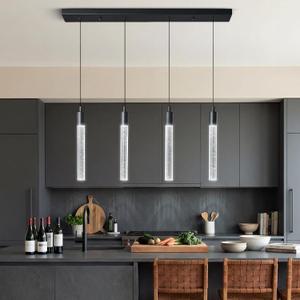 Kitchen Island Lighting Modern Light Fixture Black Pendant Light Dimmable LED Black Finish Mini Crystal Pendant Lights for Dining Room Living Room4-Light