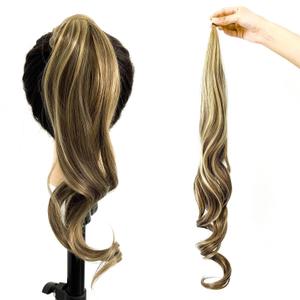 Chicmoi Chocolate Brown Ponytail Extainson with Blonde Highlight 32 Inch Flexible Wrap Around Ponytail Hair Extension Long Wavy Pony Tails hair Extension Synthetic Hairpieces For Women and Girls
