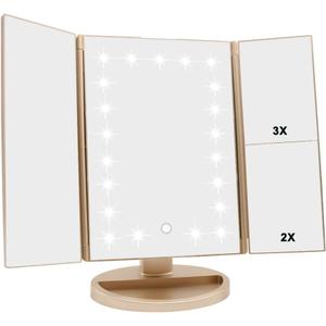 Tri-fold Lighted Vanity Makeup Mirror with 3x/2x/1x Magnification, 21Leds Light and Touch Screen,180 Degree Free Rotation Countertop Cosmetic Mirror,Travel Makeup Mirror (Gold)