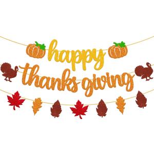 Happy Thanks Giving Banner Fall Leaves Garland Thanksgiving Day Autumn Turkey Theme for Happy Thanksgiving Party Glitter Gold Decoration