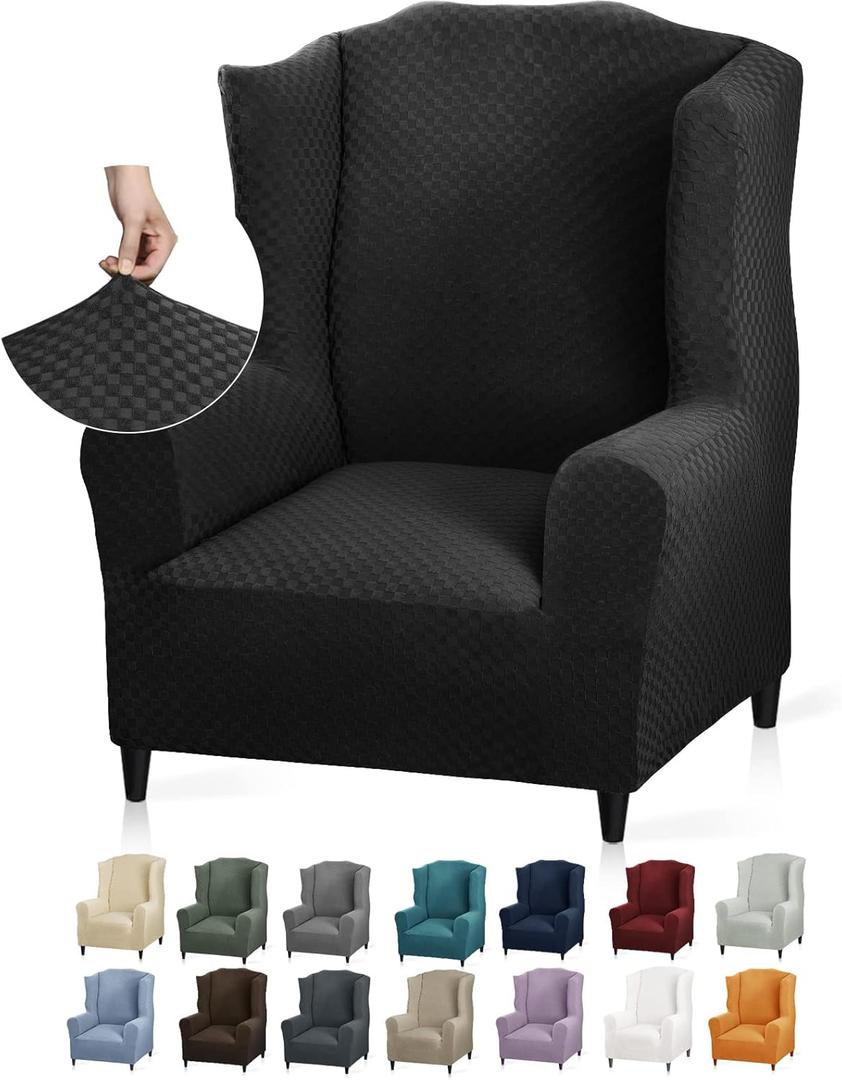 YEMYHOM 1 Piece Stretch Wingback Chair Slipcover Latest Jacquard Design Wing Chair Cover Non Slip Furniture Protector with Foam Rods for Living Room (Wing Chair, Black)
