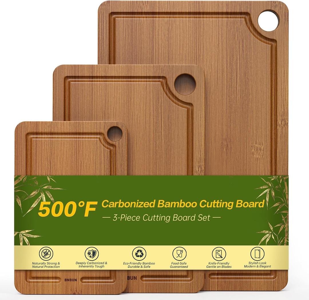 Bamboo Cutting Board for Kitchen, 3-Piece Set with Juice Grooves, Side Handles & Non-Slip Mats Durable Bamboo Chopping Board for Meat, Vegetables and Fruits