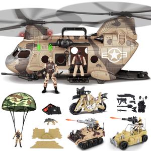 deAO Military Helicopter Toys Set Army Men Playset, Army Toys with Soldier Action Figures, Combat Truck, Motorcycle, Army Tank, Aircraft with Lights&Sound, Christmas Birthday Gifts for Kids Boys