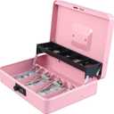 xydled Cash Box with Money Tray and Combination Lock,Tiered, Cantilever Design,4 Bill / 5 Coin Slots,11.8" x 9.5" x 3.5",Pink
